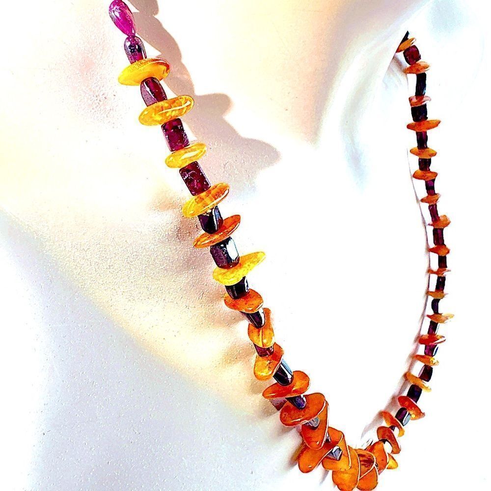 Vintage golden Baltic amber and purple garnet necklace 24” graduated.